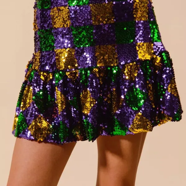 SO‎ ME Mardi Gras Checker Sequins Mini Skirt Size L - Image 9