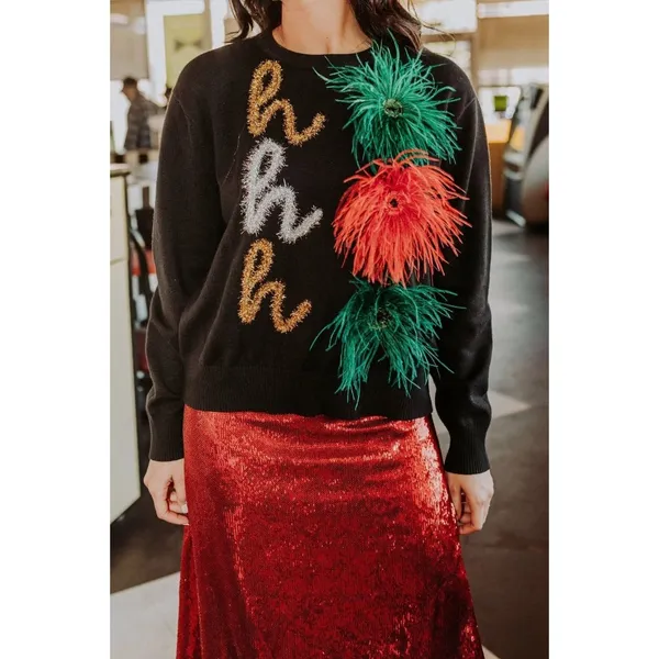 NWT Queen Of Sparkles Ho Ho Ho Sweater in Black Feather Tinsel Trim Christmas S - Image 6