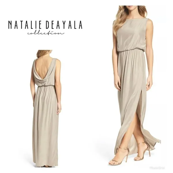 Natalie Deayala drape back silk column dress. NWT Tan - Image 2