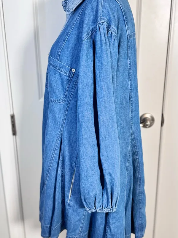 Free People Get Free Denim Mini Dress S Godet Swing Puff Sleeve Pockets Cotton - Image 10