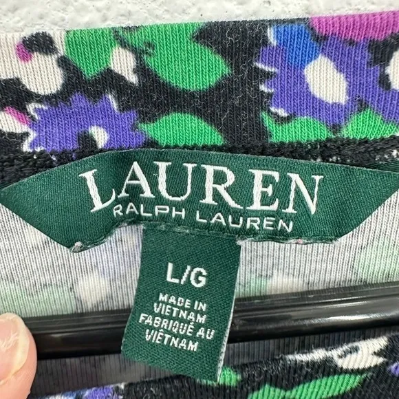 Lauren Ralph Lauren Floral Print 1/2 Sleeve Boat Neck Top‎ Black Purple Green - Image 4