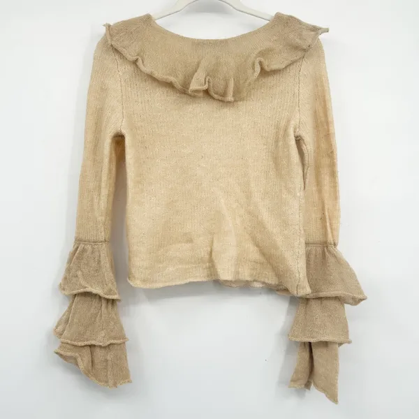 Zara Womens Beige‎ Ruffle Bell Sleeve Romantic Wool Alpaca Blend Knit Sweater L - Image 6