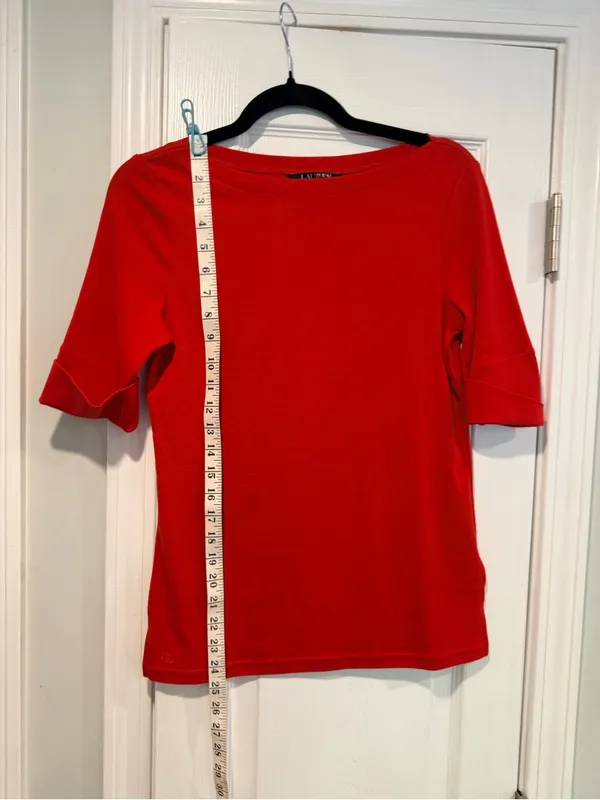 NWOT LRL Lauren Ralph Lauren Size M Red Boat Neck Cuffed Sleeve Top Cotton - Image 8