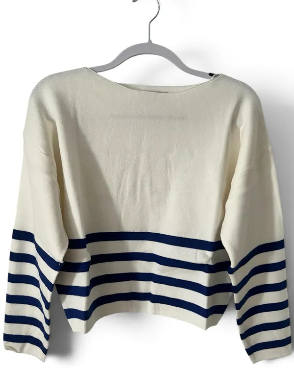 Zenana Longsleeve Cream and Navy Striped Boatneck Sweater - Image 2