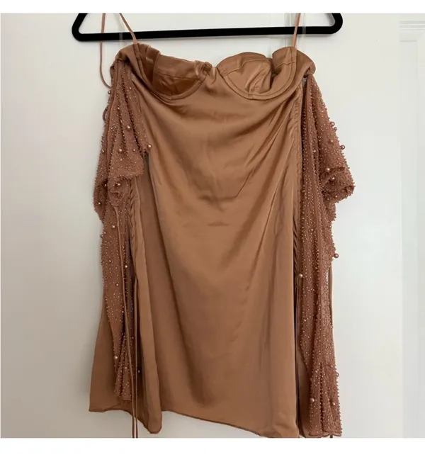 Oh Polly Beige Dress with Beaded Detail - Image 2