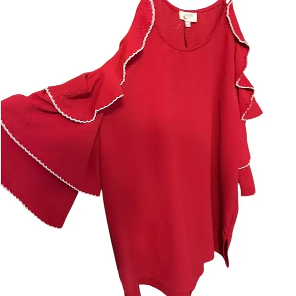 Umgee Red Cold Shoulder Tiered Ruffle Sleeve Picot Trim Boho Tunic Top Large - Image 4