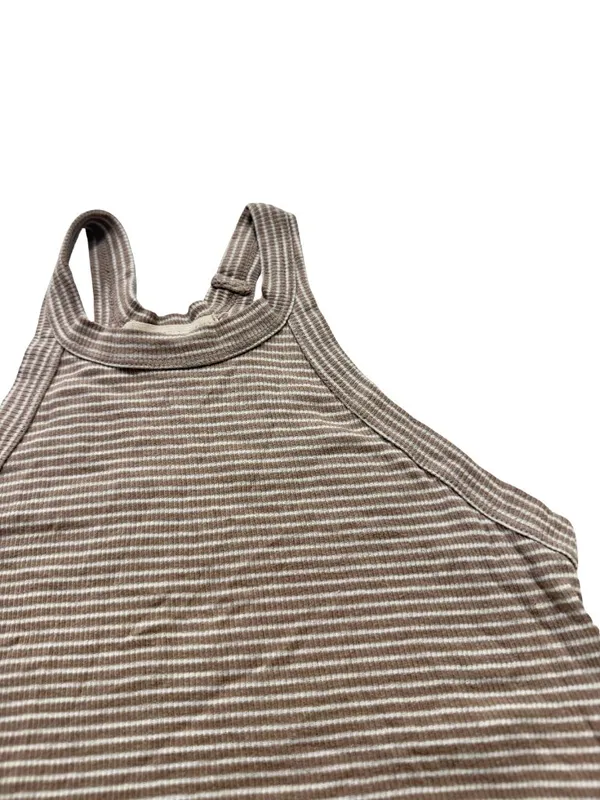 Truly Madly Deeply Tan Cream Striped Ribbed Tank Top Shirt Scoop Small Women's - Image 4