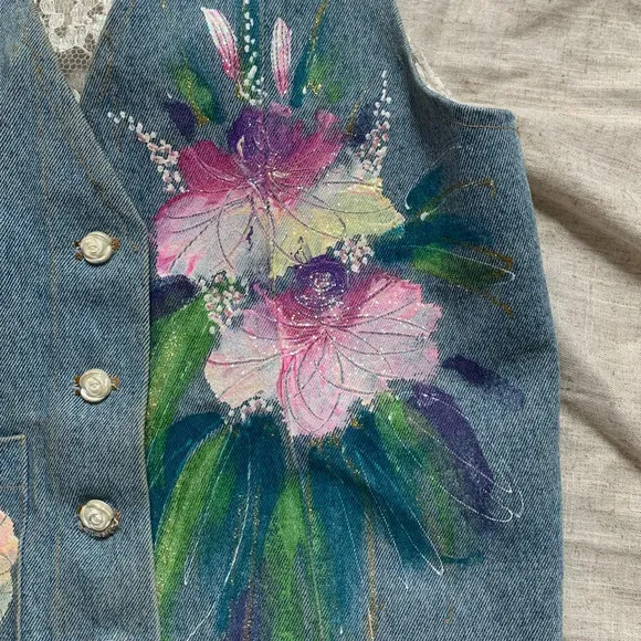 Vintage‎ Denim Floral Painting Vest - Image 7