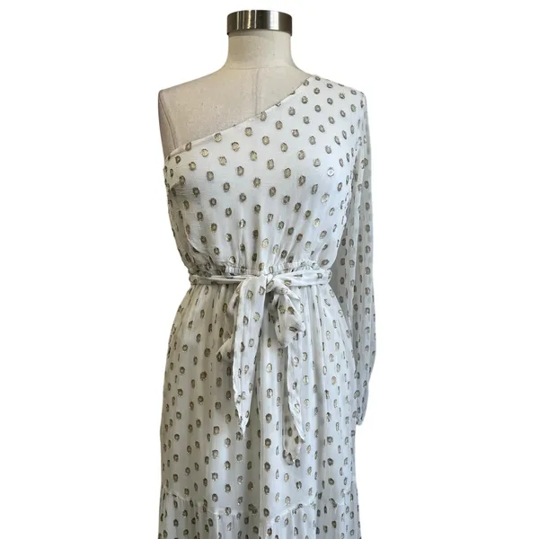 Lulus‎ One Shoulder White & Gold Polka Dot Maxi Dress Grecian Goddess Size S - Image 3