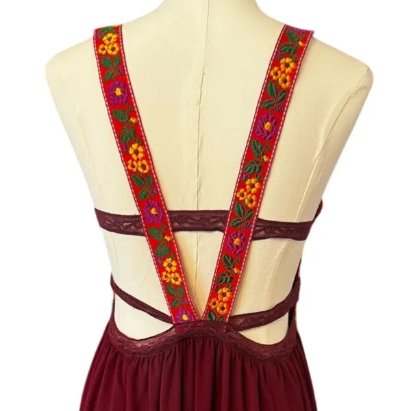 Free People Embroidered Bohemian Ribbon Lace Flower Maxi Dress Burgundy Small - Image 4