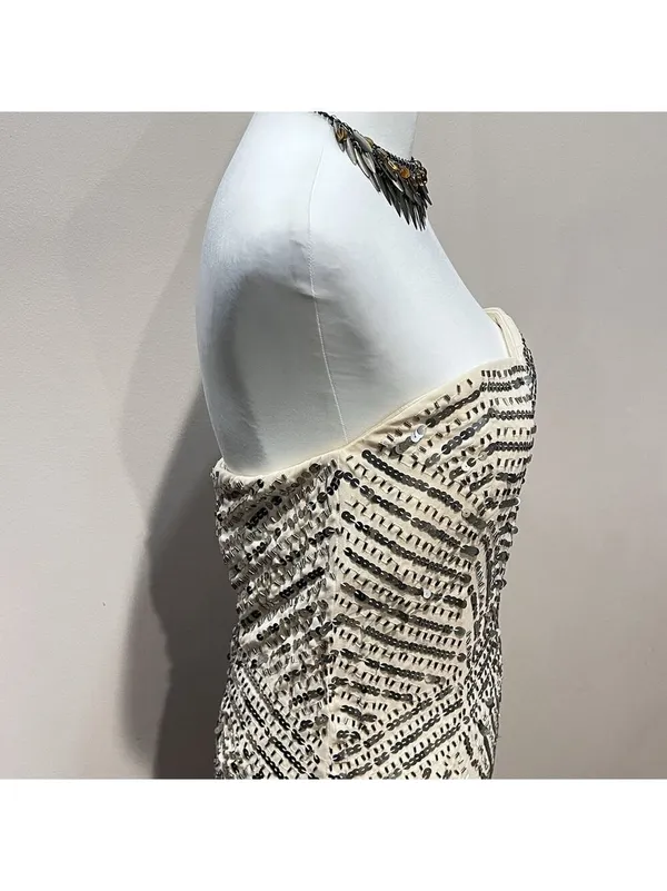 Temperance Dress M Beaded Sequin Strapless Cream Y2K Pom Bride Wedding Cocktail - Image 4