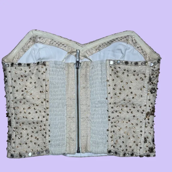 Kimchi Blue Beaded‎ Bustier Corset Top Strapless Cream Gold Floral Women's S - Image 3