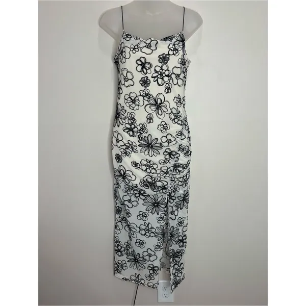 Cider off White Midi Dress Black Floral Print side slit bodycon size small NWT - Image 2