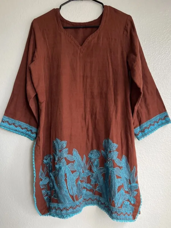 Vintage Mexican American long-sleeved Cotton tunic teal embroidered Brown floral - Image 7