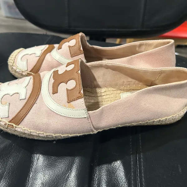 Tory Burch Blush Pink Canvas Espadrilles with Tan & Cream Logo - Image 5