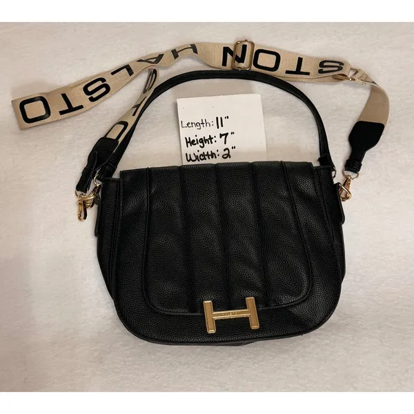 Halston Black Pebbled Faux Leather Crossbody Shoulder Bag Logo Strap Gold Tone - Image 4