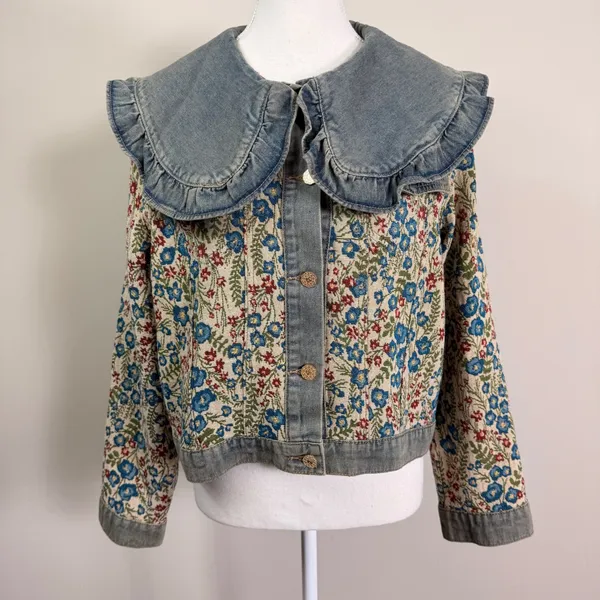 Floral Tapestry Denim Jacket Oversized Ruffle Peter Pan Collar Woven Medium - Image 2
