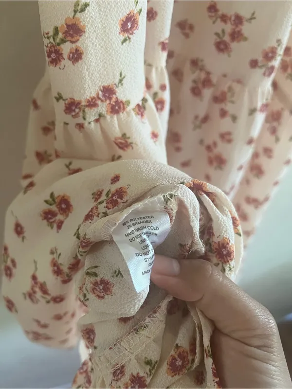 Monteau Cream Pink Cottagecore Floral Puff Sleeve Midi Dress XS Prairie Romantic - Image 6