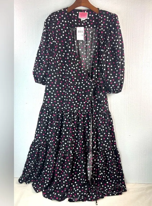 Kate Spade L Drop Waist Wrap Black and Pink Polka Dot Dress - Image 14