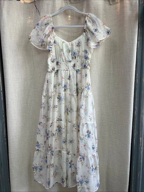 Floral Chiffon Flounce Sleeve Shirred Midi Dress Medium - Image 13