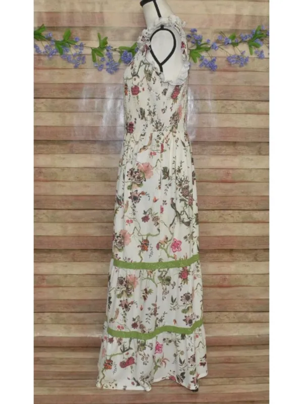 Cream Shabby Chic Floral Smocked Sleeveless Tiered Maxi Dress by Cato Size L - Image 8