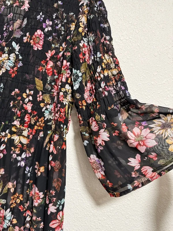 ECI New York Womens Black Floral Smocked Bell Sleeve Maxi Dress Size‎ S - Image 4