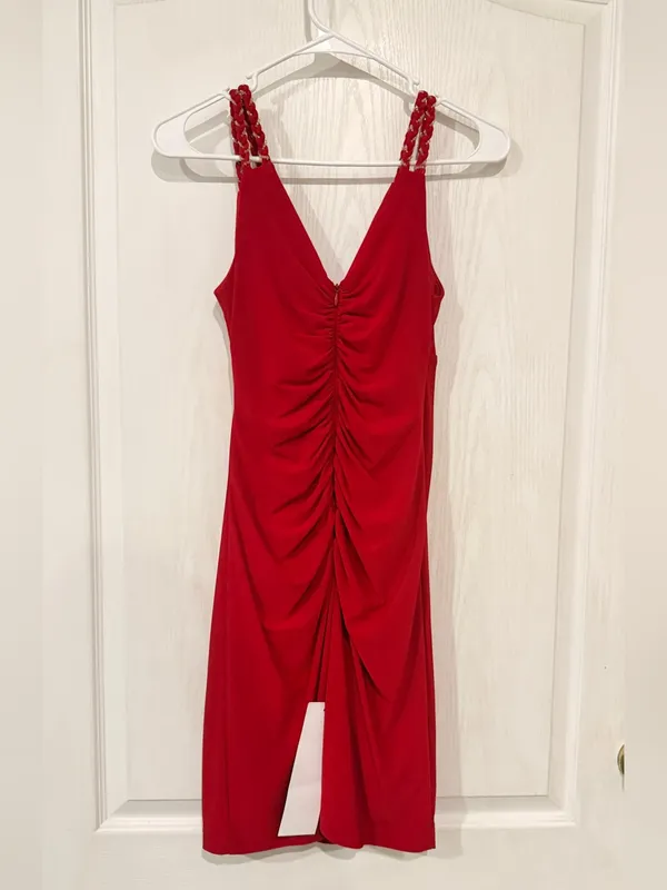 NWT Vintage Bodycon Cache Red V-Neck Midi Dress with Braided Straps - Image 4