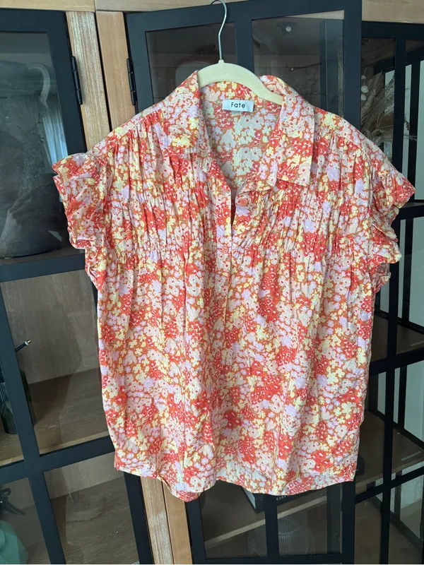 Fate smocked cotton floral blouse top ditsy short sleeve button down collar mock - Image 2