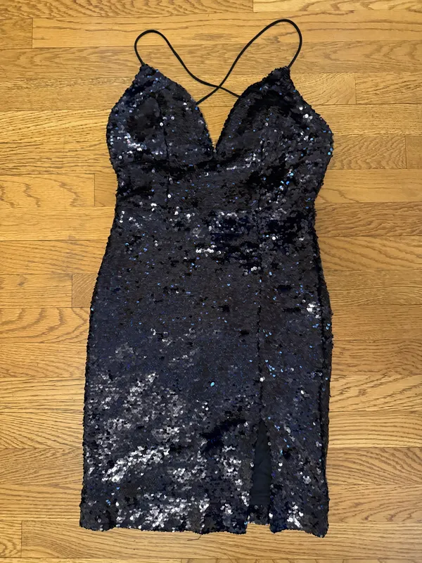 Sequined mini dress black size M Black Sequin V-Neck Lace-Up Short Party Dress - Image 6