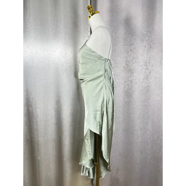 Hello Molly Sage Green Satin Halter Ruffle High Low Midi Dress Womens Size 10 - Image 8