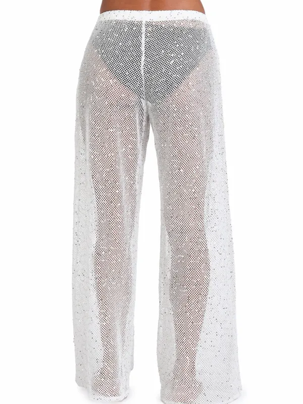 Jordan Taylor White Wide-Leg Mesh Pants Cover Up with Iridescent Sequence Sz S - Image 7