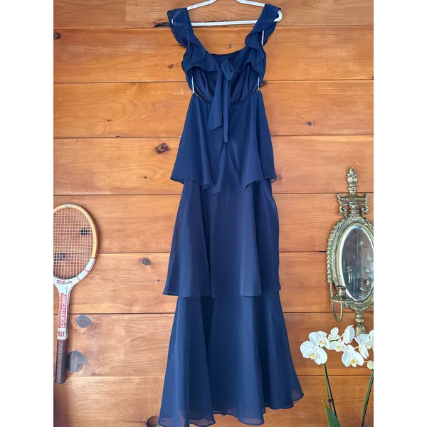Lulus Elegant Event Navy Ruffled Tie-Back Tiered Maxi Dress Holiday Party Small - Image 6