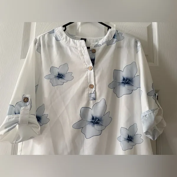 Floral Button-Up Blouse - White and Blue - Image 2