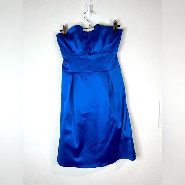 Mind Code Royal Blue Strapless Mini Dress Sweetheart Neckline Satin Pleated Zip - Image 2