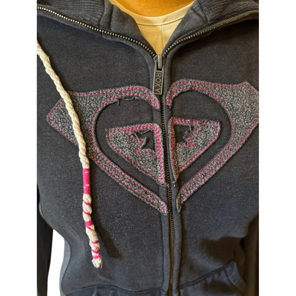 Roxy Women's Charcoal Zip-Up Hoodie with Pink Logo Accents M medium vtg - Image 3