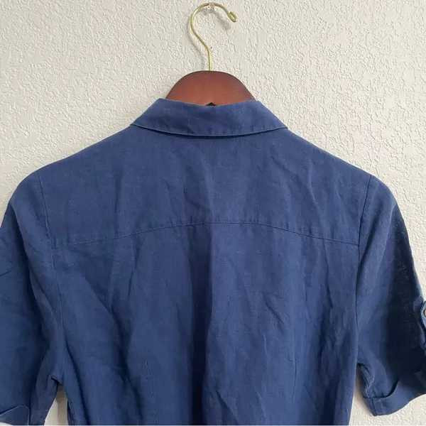 Untuckit Womens Dress Blue Button Front Belted Linen Short Sleeve Size 6 - Image 5