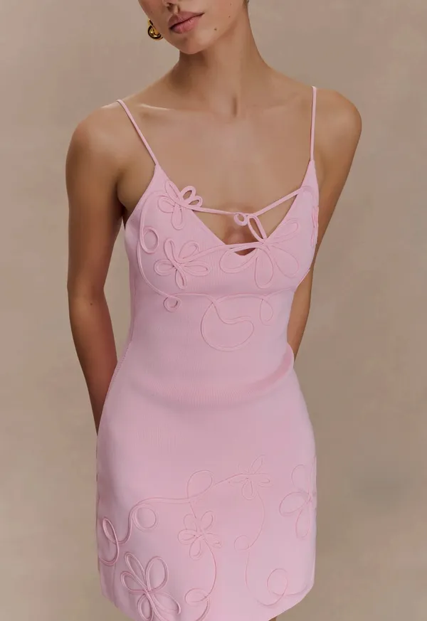 Meshki Mini Dress - Brullo Embroidery Knit Mini Dress, Baby Pink - Image 4