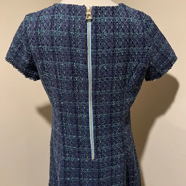 Sail to Sable Tweed Short Sleeve Shift Dress Tiered Hem Navy Blue/Green Size 6 - Image 6