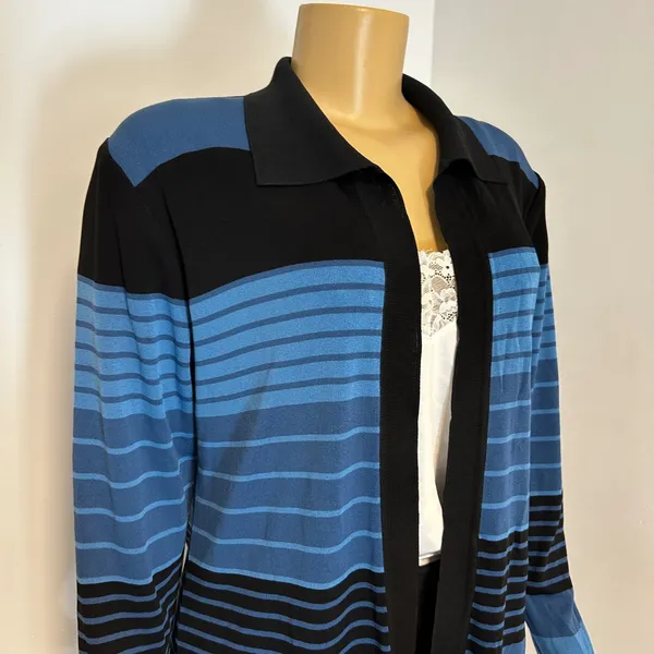 Misook Striped Knit Cardigan Sweater Blue Black‎ Long Sleeve Collar Medium - Image 2