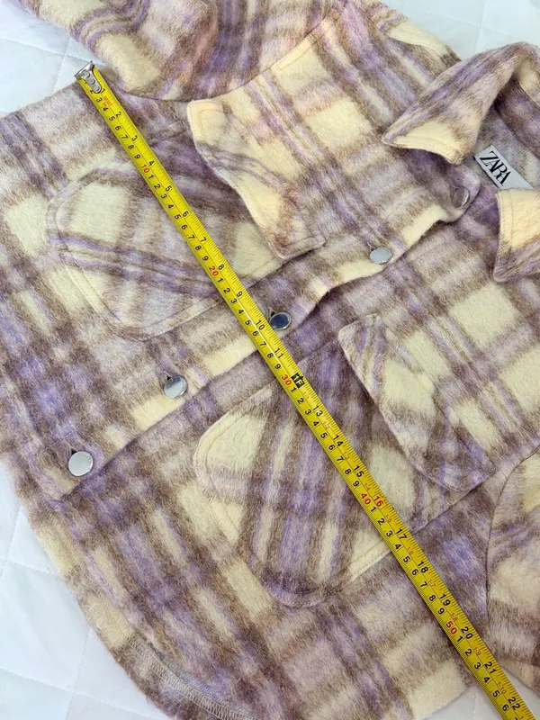 Zara Cream Purple Plaid Cropped Shacket Jacket Size S Fuzzy Cozy Fall Layer Preppy - Image 4