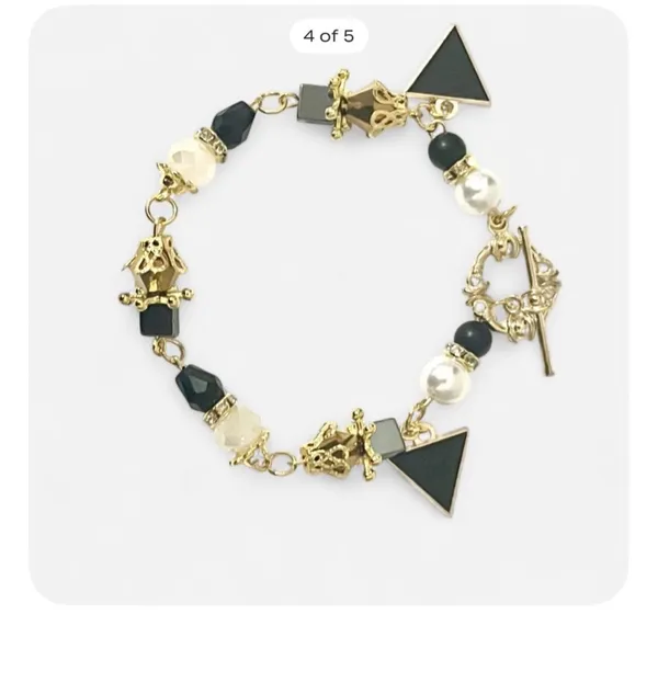 Handmade Black & Gold Tone Pearl Bead Geometric Triangle Charm Bracelet Earring Set Set - Image 2