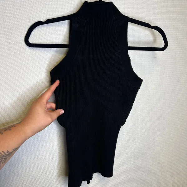 Commense Black Ribbed High Neck Twist Back Sleeveless Top S OA230523064 - Image 2