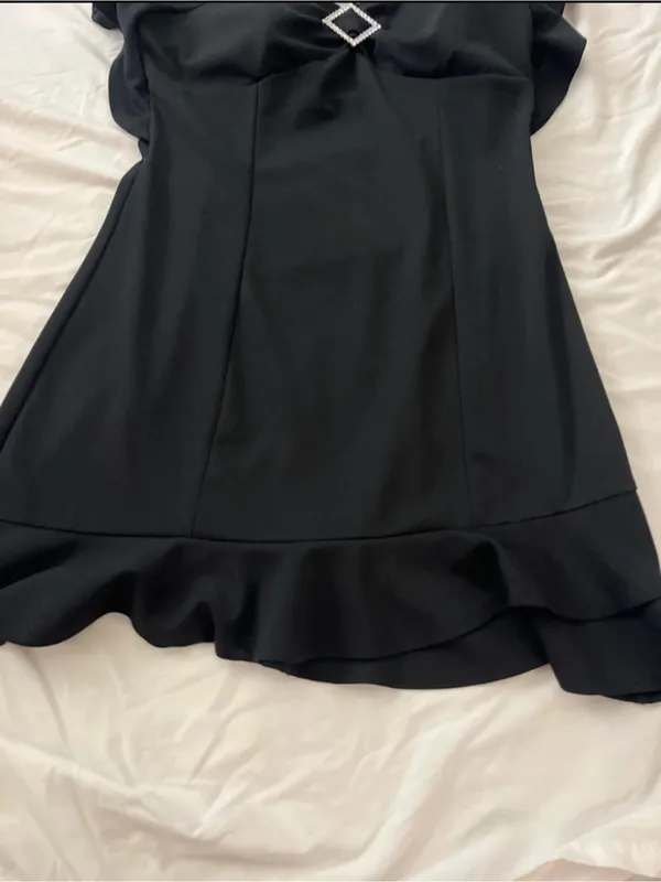 Black ruffle sleeve Mini Dress with Rhinestone Accent - Image 3