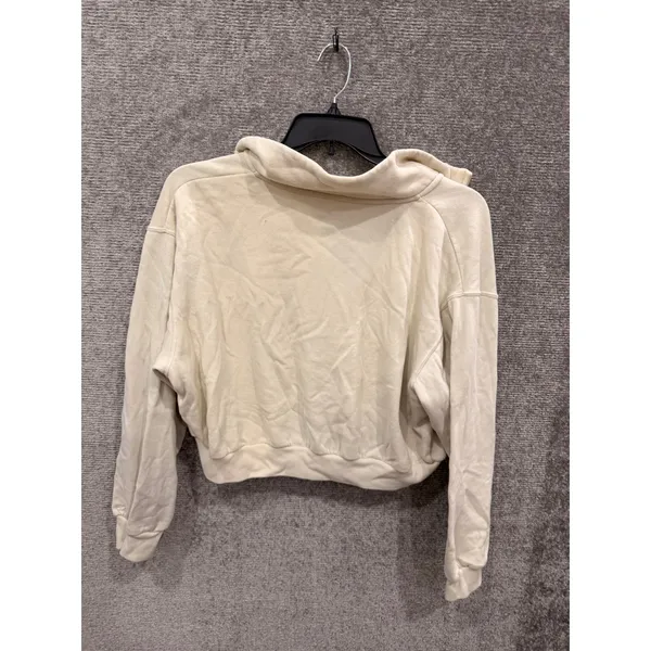 Hollister Women Sweatshirt L Cream Cropped Quarter-Zip Fleece Pullover - Image 7