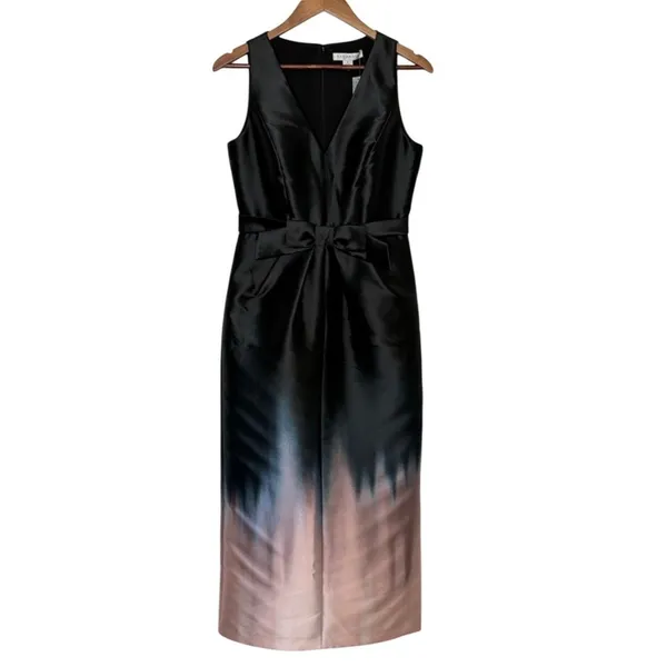 Kay Unger Ombre Satin Midi Dress Black Blush Bow Waist Size 6 NWT - Image 2