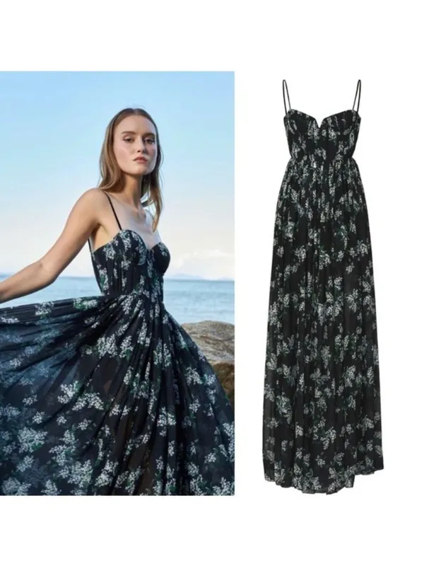 Sau Lee Georgina Gown 14 Floral Black Maxi Chiffon Pleated Aline Bodice - Image 3