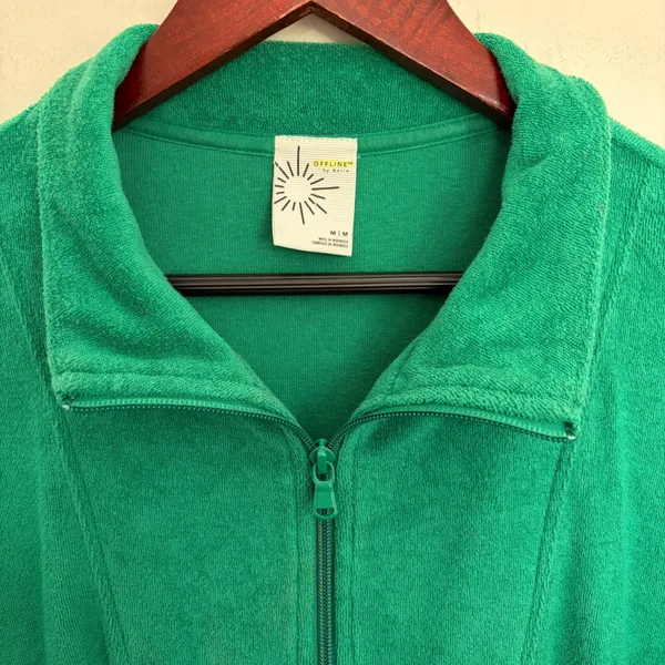 OFFLINE by Aerie Womens Green Terry Cloth Quarter Zip Pullover Sweatshirt Medium - Image 3