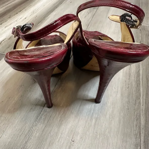 Jimmy Choo Patent Snake Embossed Peep Toe Heels Women's Sling Back Red Size 37 - Image 4