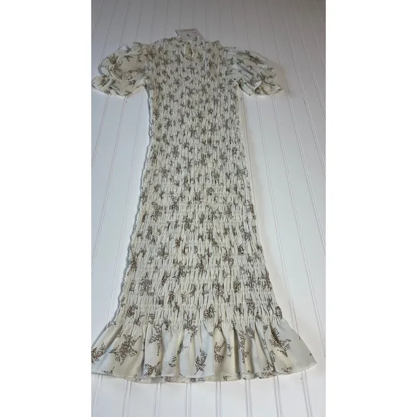 Reverse Floral Smocked Puff Sleeve Midi Dress Cream Brown Fall Medium NWT - Image 8