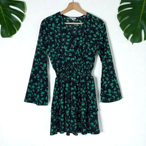 ASOS Subdued Emerald Leaf Floral Print Ruffle Tiered Flare Sleeve Dress - Image 4